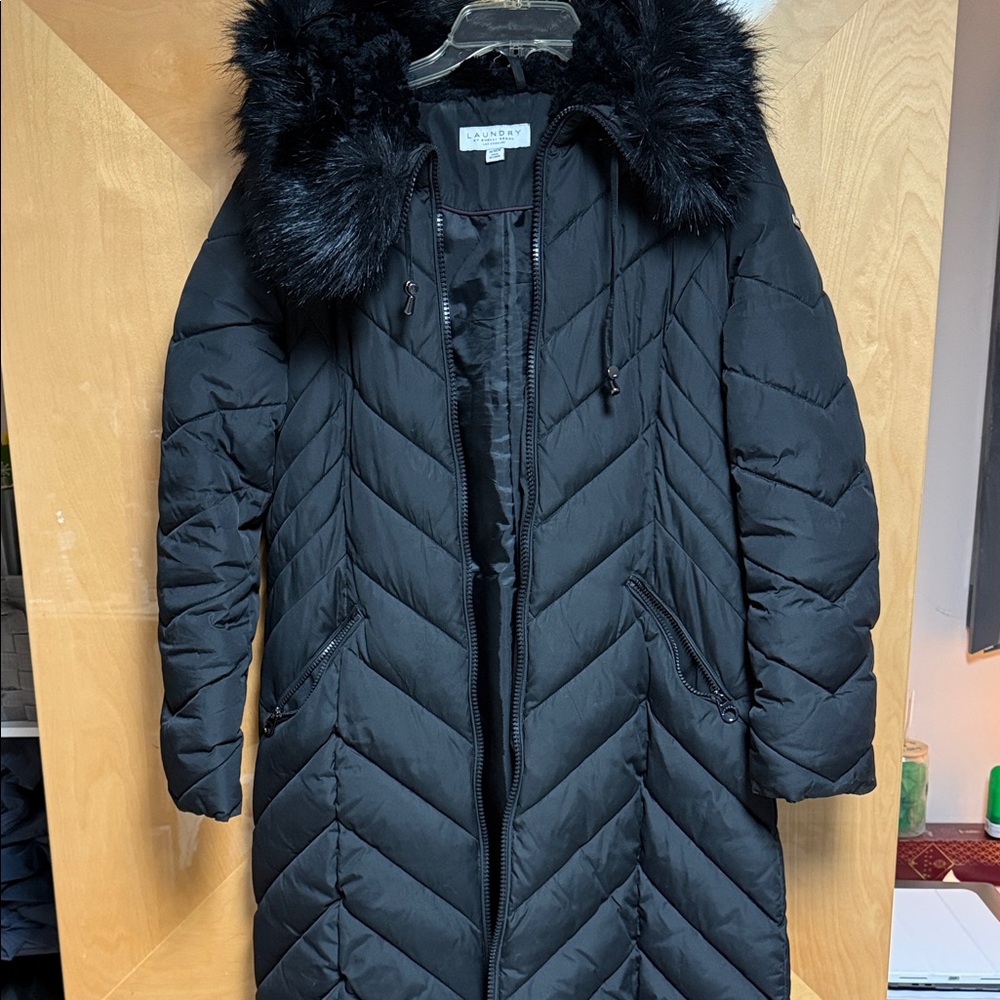 Laundry Black Puffer Coat with Faux Fur Hood